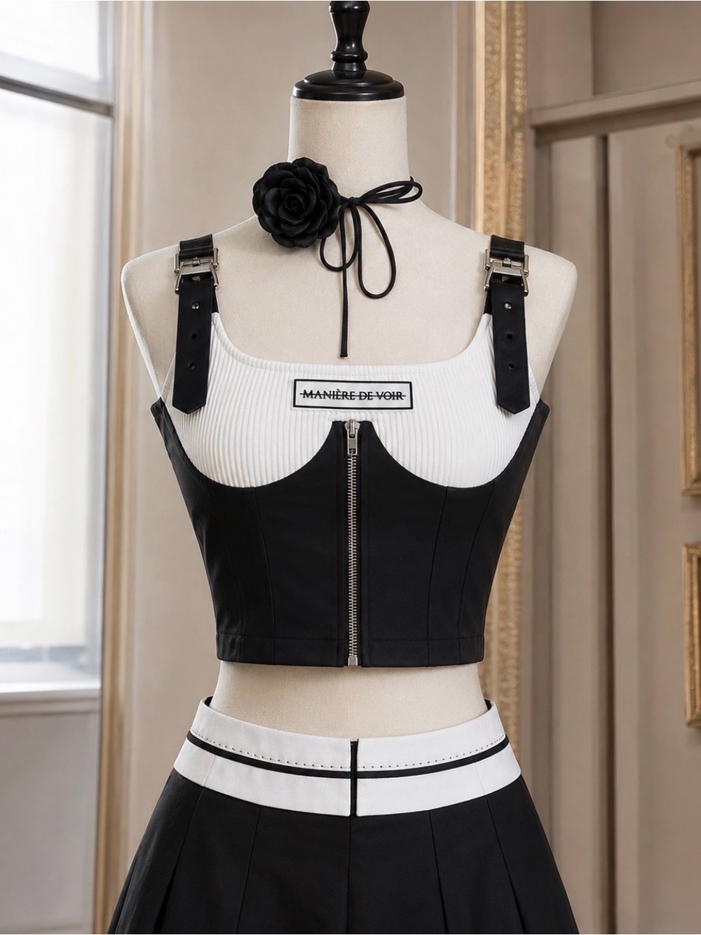 Maniere De Voir Black & White Buckle Strap Corset Tank